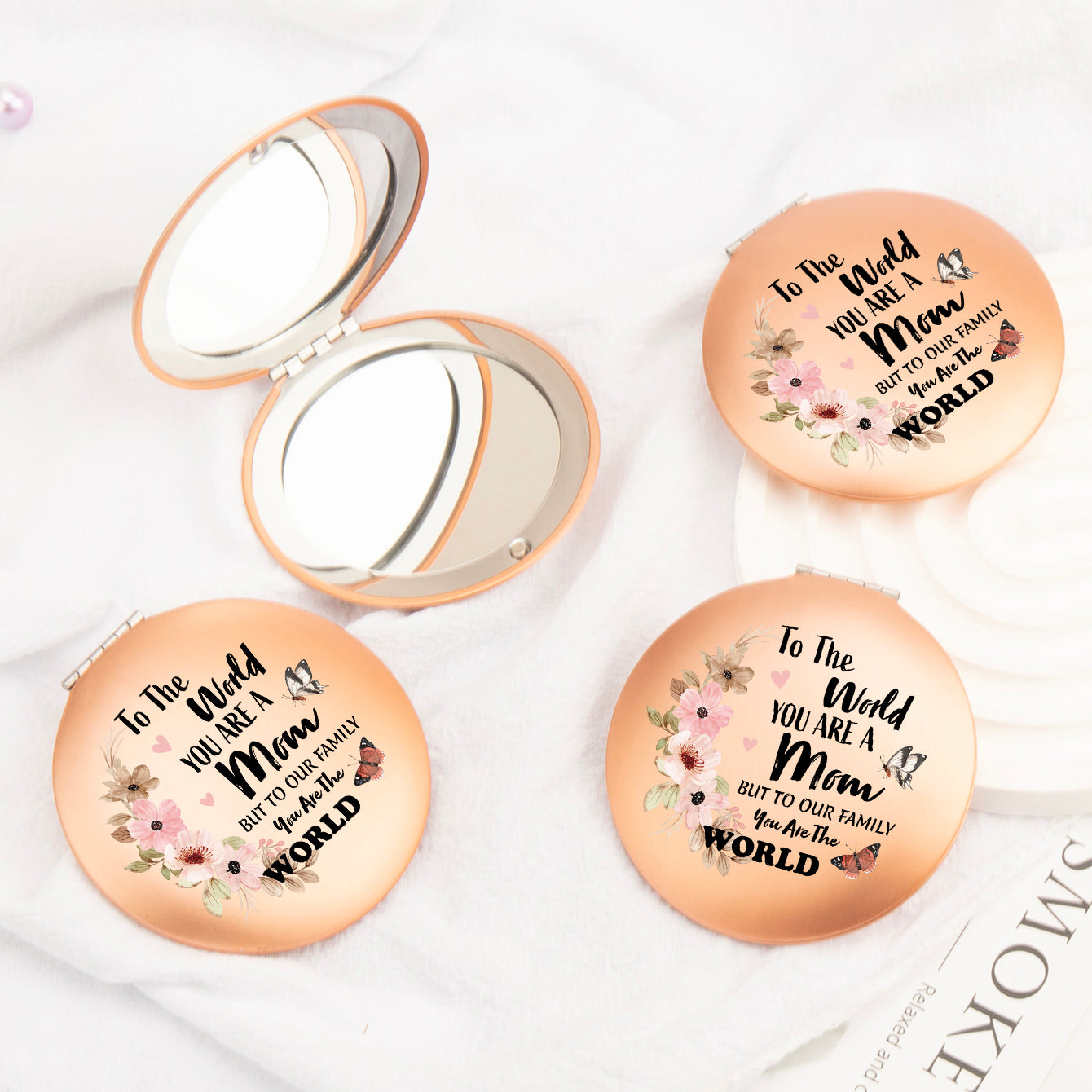 Radiant Elegance: Rose Gold, Round UFO-Shaped Makeup Mirror with Magnetic Clasp, 7cm. Surface Imprinted with Heartfelt Blessings for Mom. Vibrant Color Printing. Perfect for Gifting on Mom's Special Occasions—Holidays, Birthdays, and More!