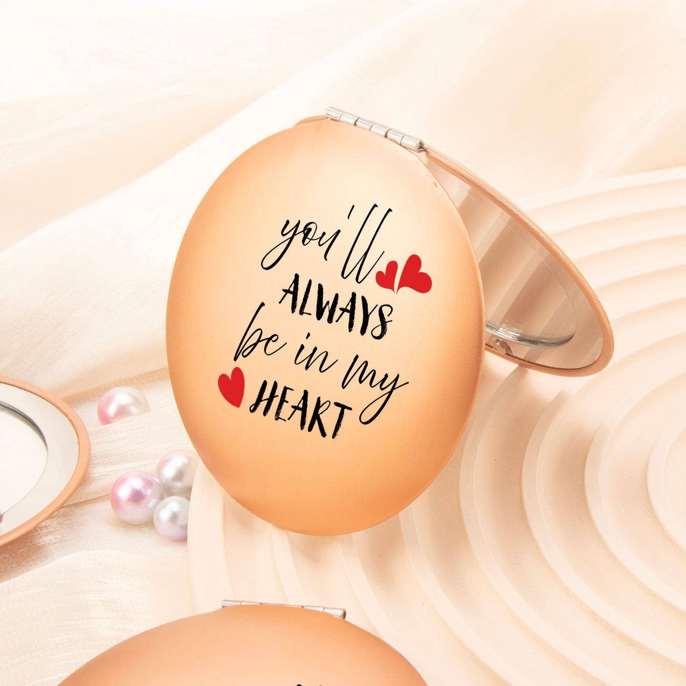 Dreamy Dance of Love: 7cm Round UFO Mirror in Rose Gold with Magnetic Clasp, Adorned with Romantic Wishes – Ideal Gift for Her