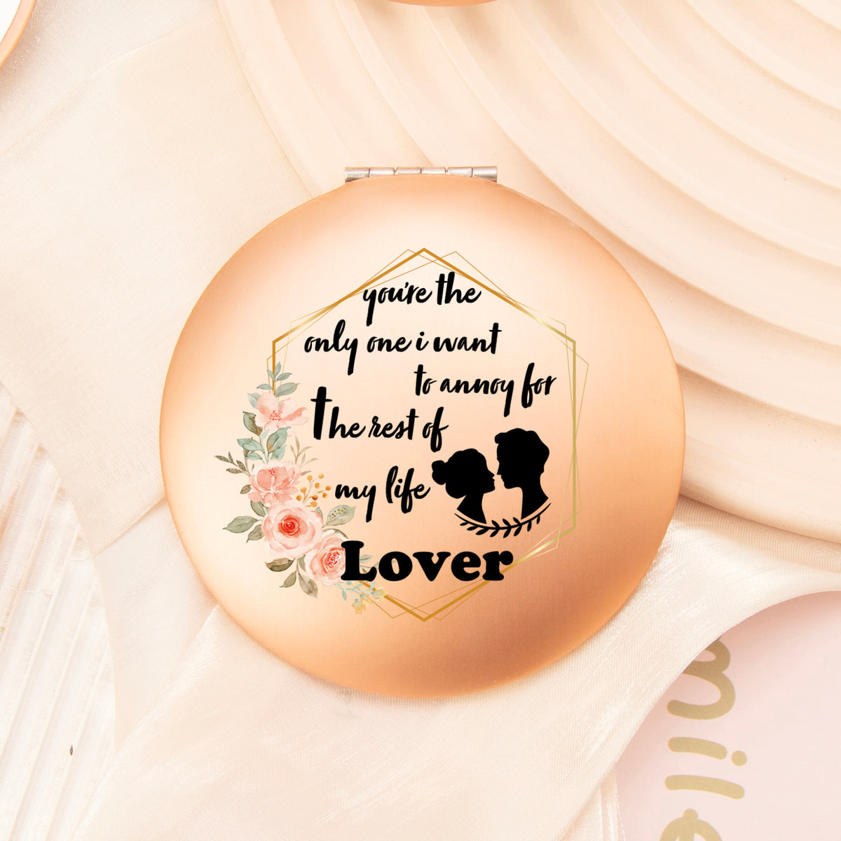 Dreamy Dance of Love: 7cm Round UFO Mirror in Rose Gold with Magnetic Clasp, Adorned with Romantic Wishes – Ideal Gift for Her