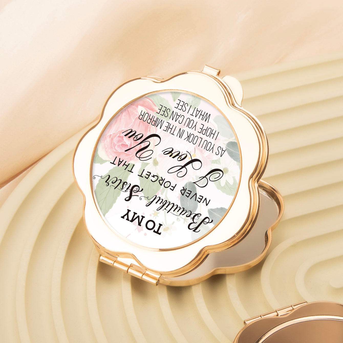 Light Gold-Plated, 6.5cm Petal-Shaped Double-Sided Makeup Mirror, Perfect Gift for Sister, In Stock!