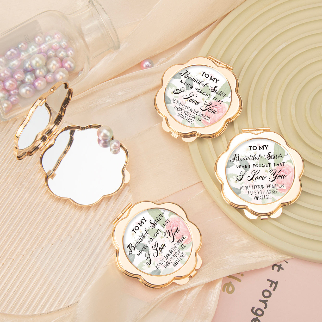 Light Gold-Plated, 6.5cm Petal-Shaped Double-Sided Makeup Mirror, Perfect Gift for Sister, In Stock!