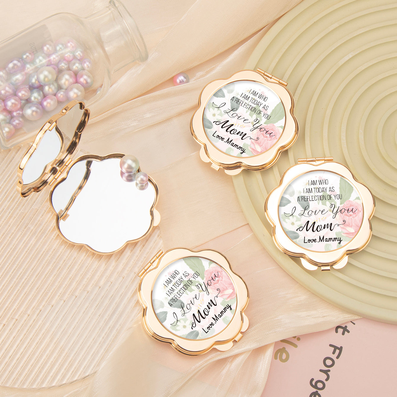 ✨Elegant Light Gold, Petal-Shaped Metal 6.5cm Double-Sided Makeup Mirror✨ The perfect Mother's Day and birthday gift for Mom. In stock for instant delivery!