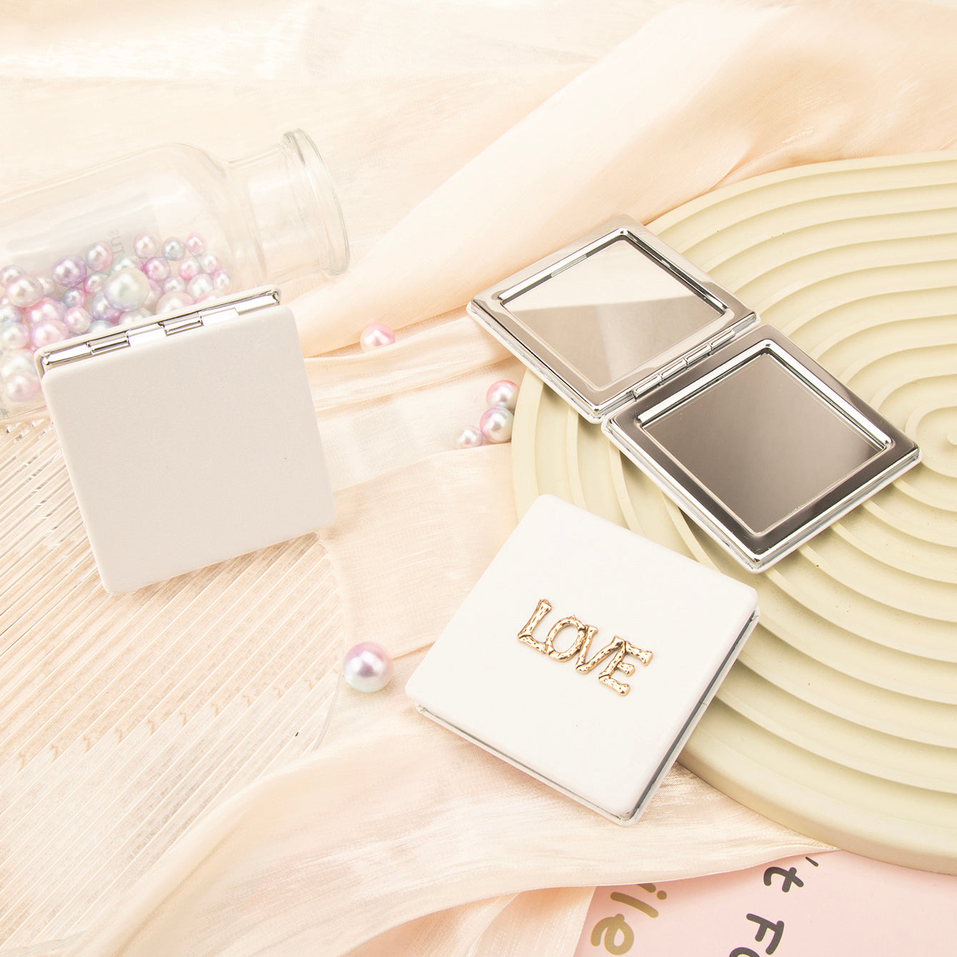 Dreamy Silver ✨ Square Makeup Mirror with Magnetic Clasp, 60mm, PU Leather Wrap, LOVE Letter Embellishment, Perfect for Wedding Gifts 💍