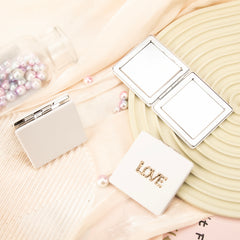 Dreamy Silver ✨ Square Makeup Mirror with Magnetic Clasp, 60mm, PU Leather Wrap, LOVE Letter Embellishment, Perfect for Wedding Gifts 💍