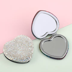 Heart-Shaped Diamond-Encrusted Double-Sided Mirror With A Silver Plated Metal Frame One Side Is Normal And The Other Side Is Doubled