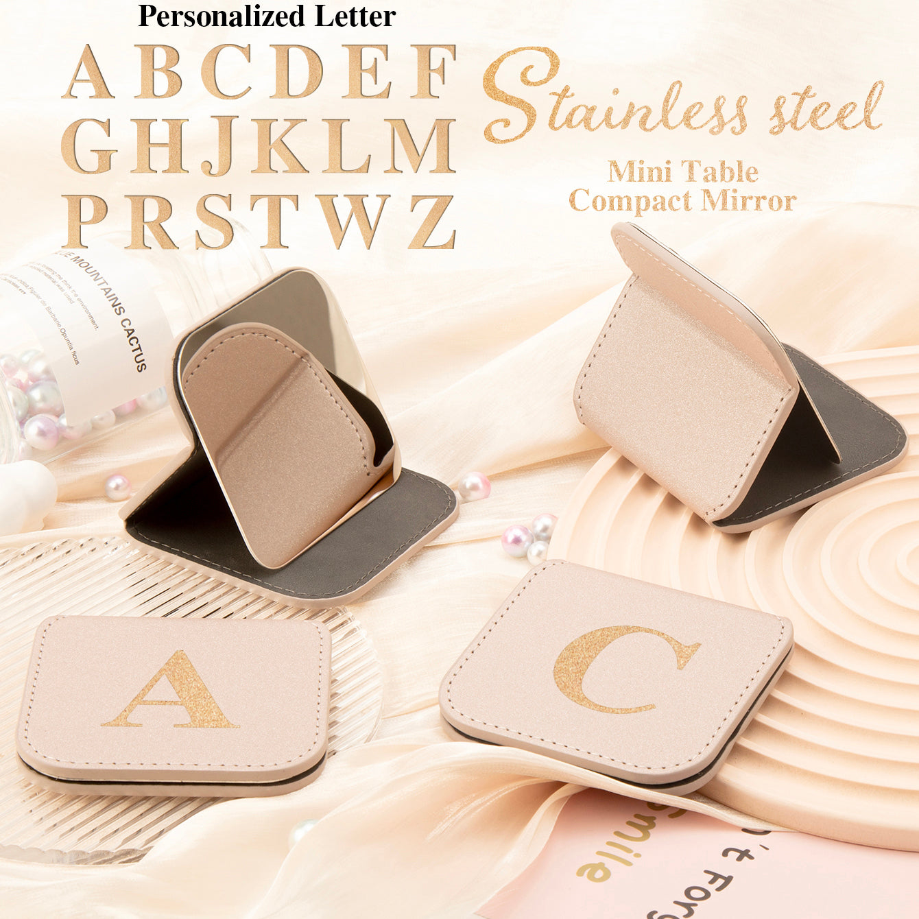 1PC Stainless Steel Makeup Mirror With Rounded Corners Square 2X Magnification Folding Double-sided Compact Mirror Leather Shell Bronzing Letters Can Be Used As A cCustomized Gift For Mom Friends Lovers Teachers Suitable For Use On Any Occasion Or Holiday