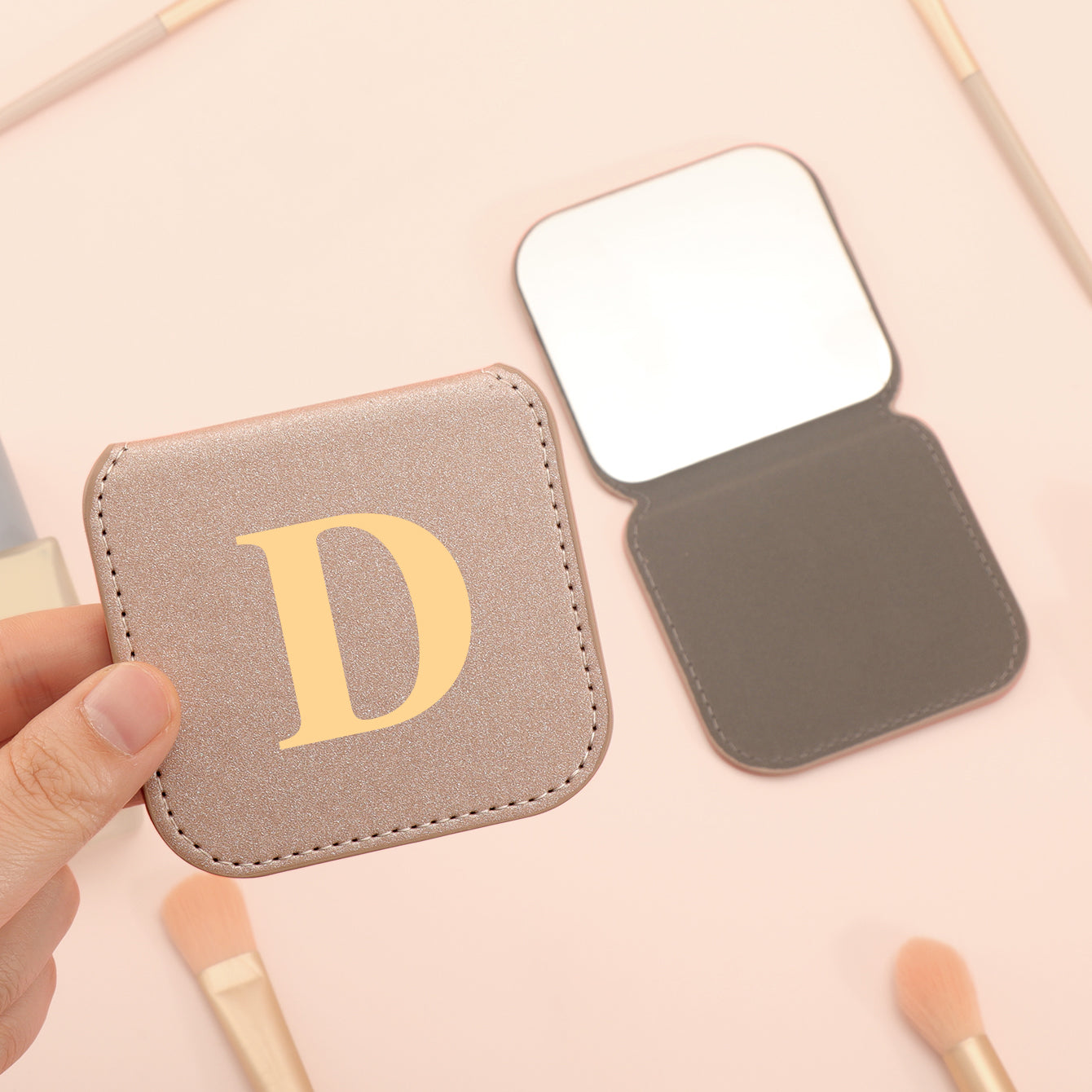 1PC Stainless Steel Makeup Mirror With Rounded Corners Square 2X Magnification Folding Double-sided Compact Mirror Leather Shell Bronzing Letters Can Be Used As A cCustomized Gift For Mom Friends Lovers Teachers Suitable For Use On Any Occasion Or Holiday