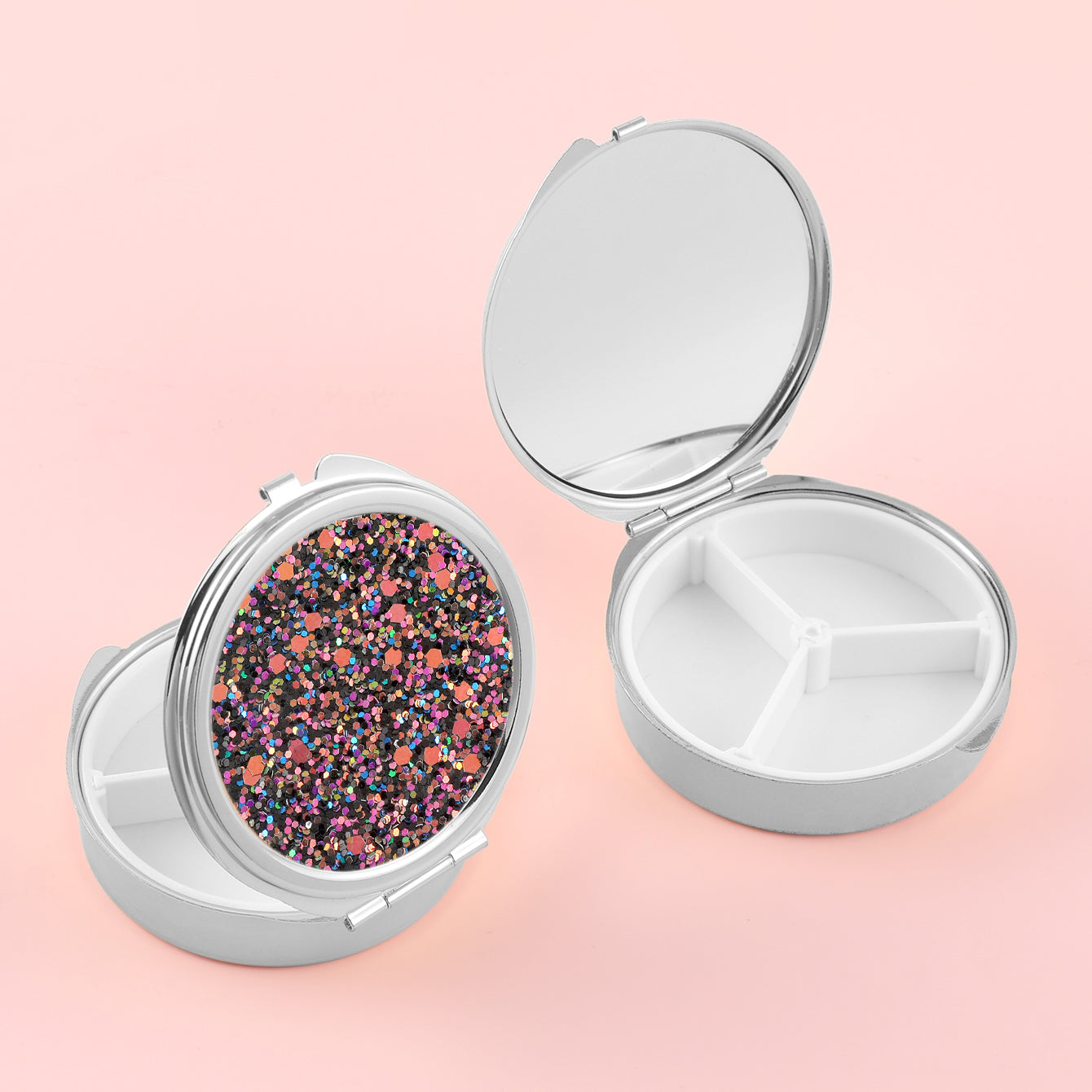 1PC Round Pill Box With Single Makeup Mirror DIY Blank Electroplated Gold And Silver Pill Box The Appearance Of The Colored Glue Drop Pattern Can Also Be Used As A Birthday Gift Or Holiday Gift For Relatives Friends And Lovers