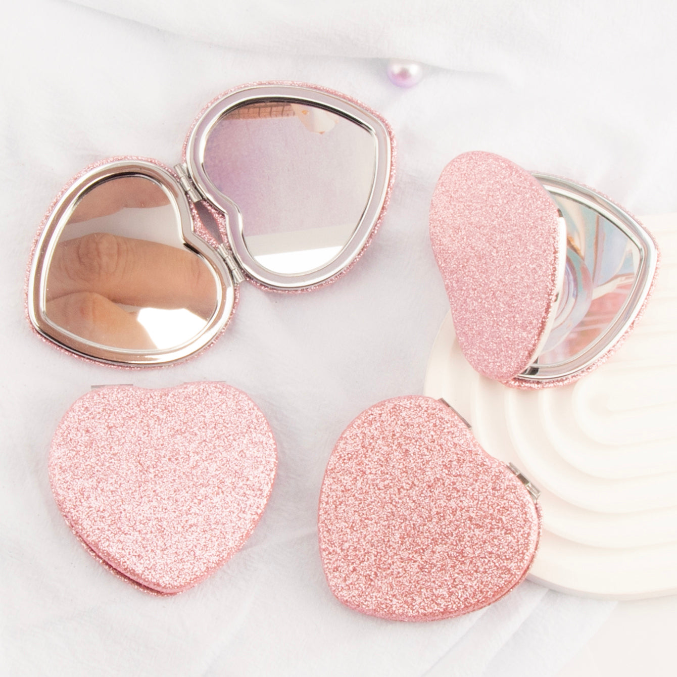 1PC Heart Loose Powder Makeup Mirror Folding Double Side Compact Mirror 2X Magnification Available In Pink Yellow And Black You Can Become The Focus Of The Crowd On Any Occasion And Attract Attention Suitable As A Fashion Item For Girlfriend