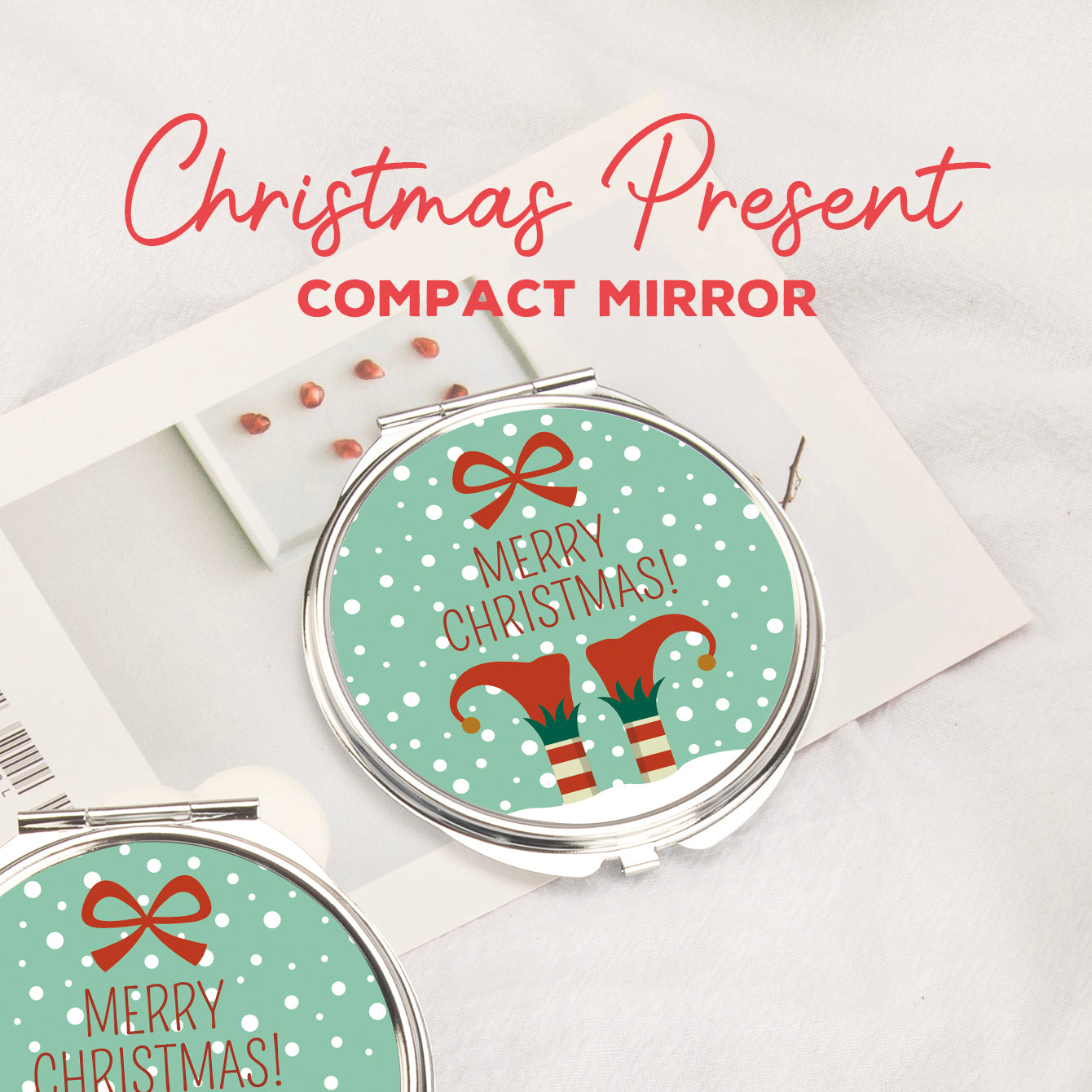 In-Stock Christmas Pattern Epoxy Droplet Craft, 7cm Round Clasp Makeup Mirror, Silver Plated, Perfect for Gifting during the Holiday Season