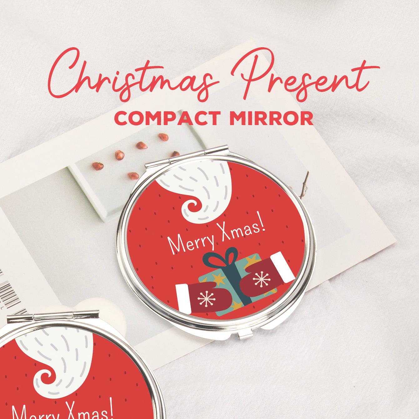 In-Stock Christmas Pattern Epoxy Droplet Craft, 7cm Round Clasp Makeup Mirror, Silver Plated, Perfect for Gifting during the Holiday Season