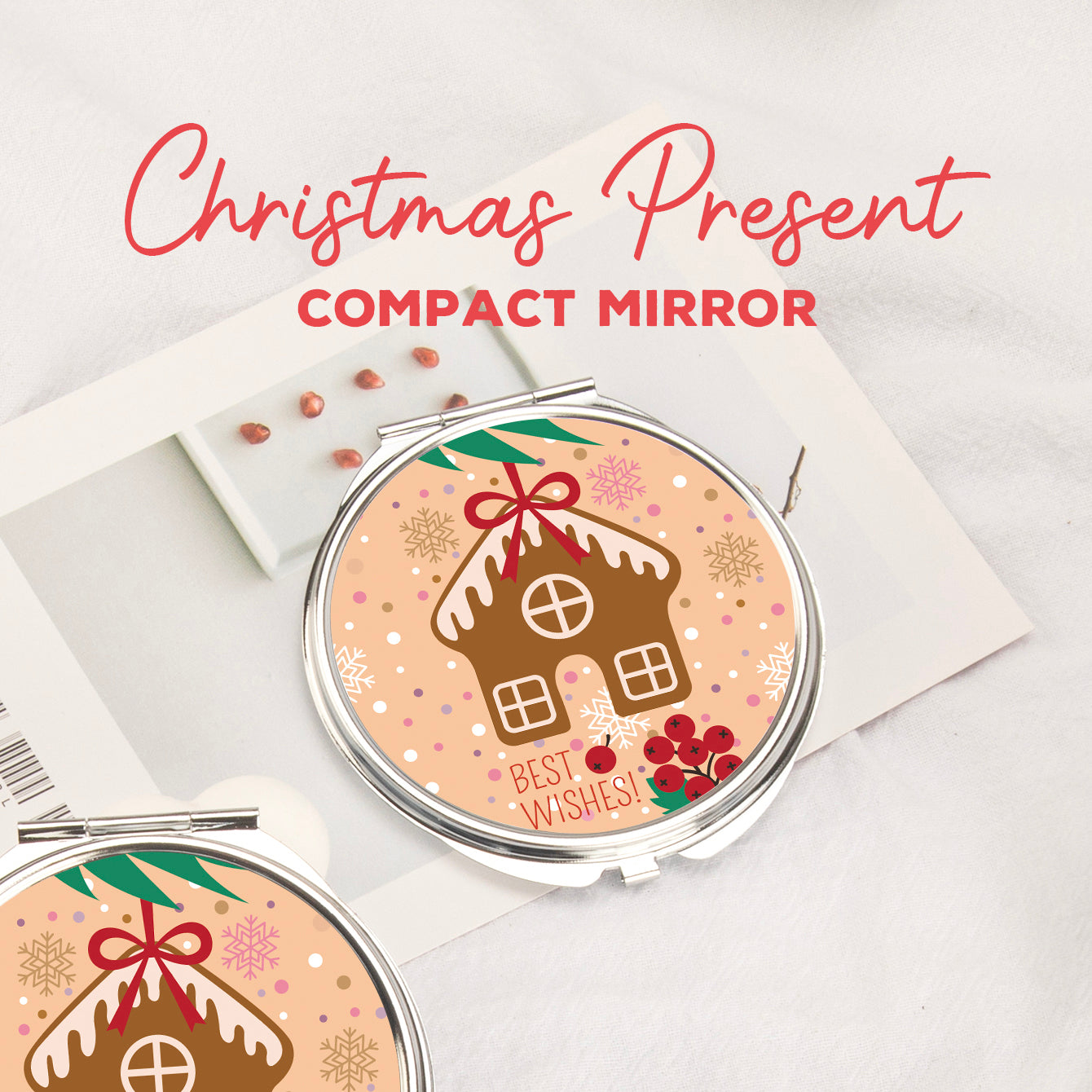 In-Stock Christmas Pattern Epoxy Droplet Craft, 7cm Round Clasp Makeup Mirror, Silver Plated, Perfect for Gifting during the Holiday Season