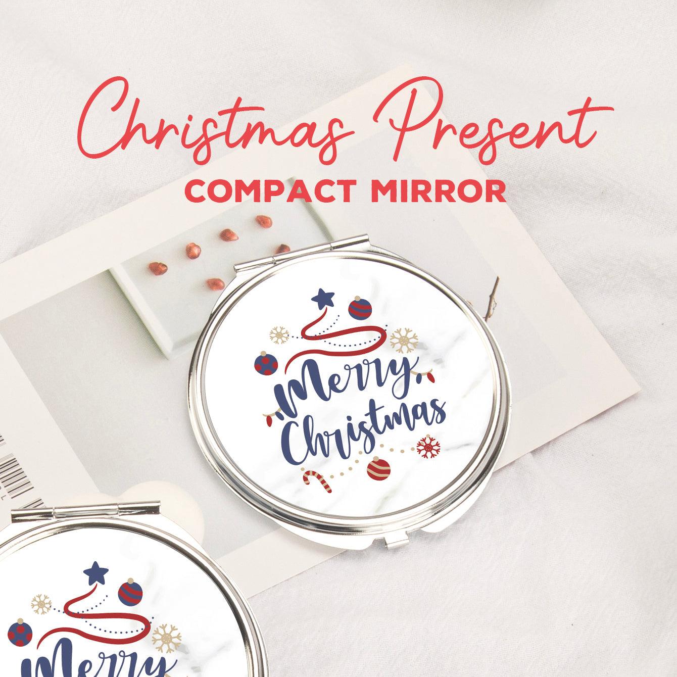 In-Stock Christmas Pattern Epoxy Droplet Craft, 7cm Round Clasp Makeup Mirror, Silver Plated, Perfect for Gifting during the Holiday Season