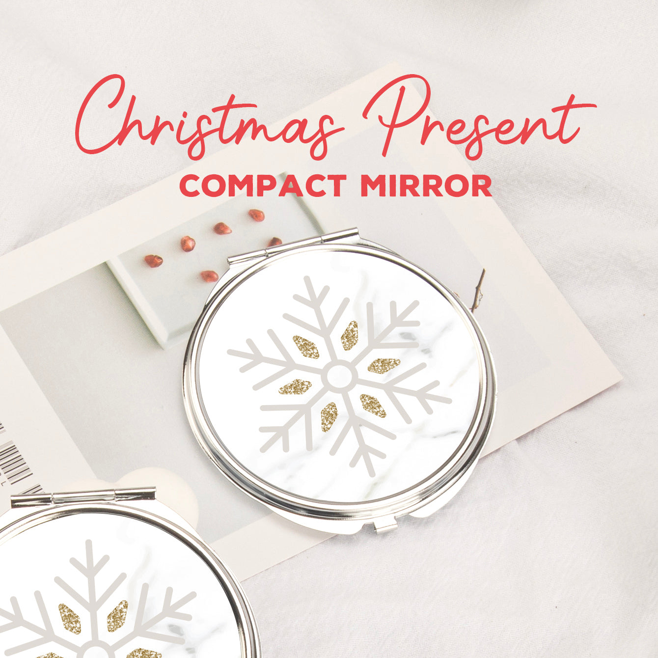 In-Stock Christmas Pattern Epoxy Droplet Craft, 7cm Round Clasp Makeup Mirror, Silver Plated, Perfect for Gifting during the Holiday Season