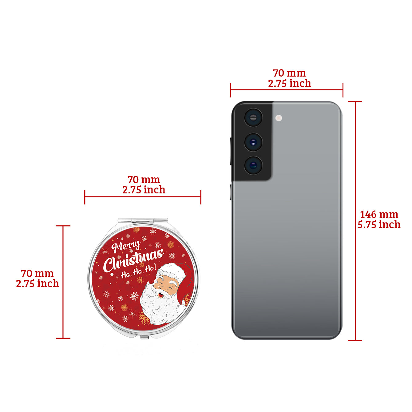 In-Stock Christmas Pattern Epoxy Droplet Craft, 7cm Round Clasp Makeup Mirror, Silver Plated, Perfect for Gifting during the Holiday Season