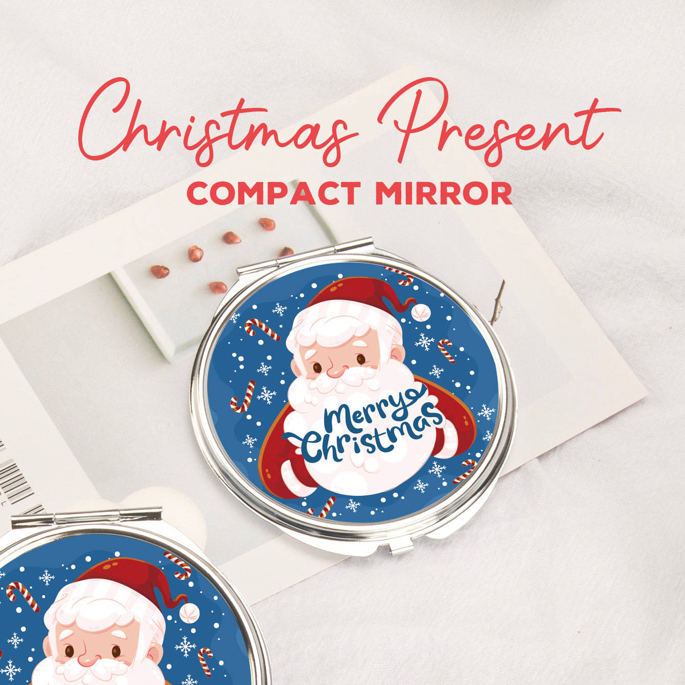 In-Stock Christmas Pattern Epoxy Droplet Craft, 7cm Round Clasp Makeup Mirror, Silver Plated, Perfect for Gifting during the Holiday Season