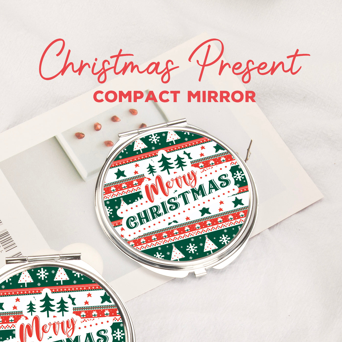 In-Stock Christmas Pattern Epoxy Droplet Craft, 7cm Round Clasp Makeup Mirror, Silver Plated, Perfect for Gifting during the Holiday Season