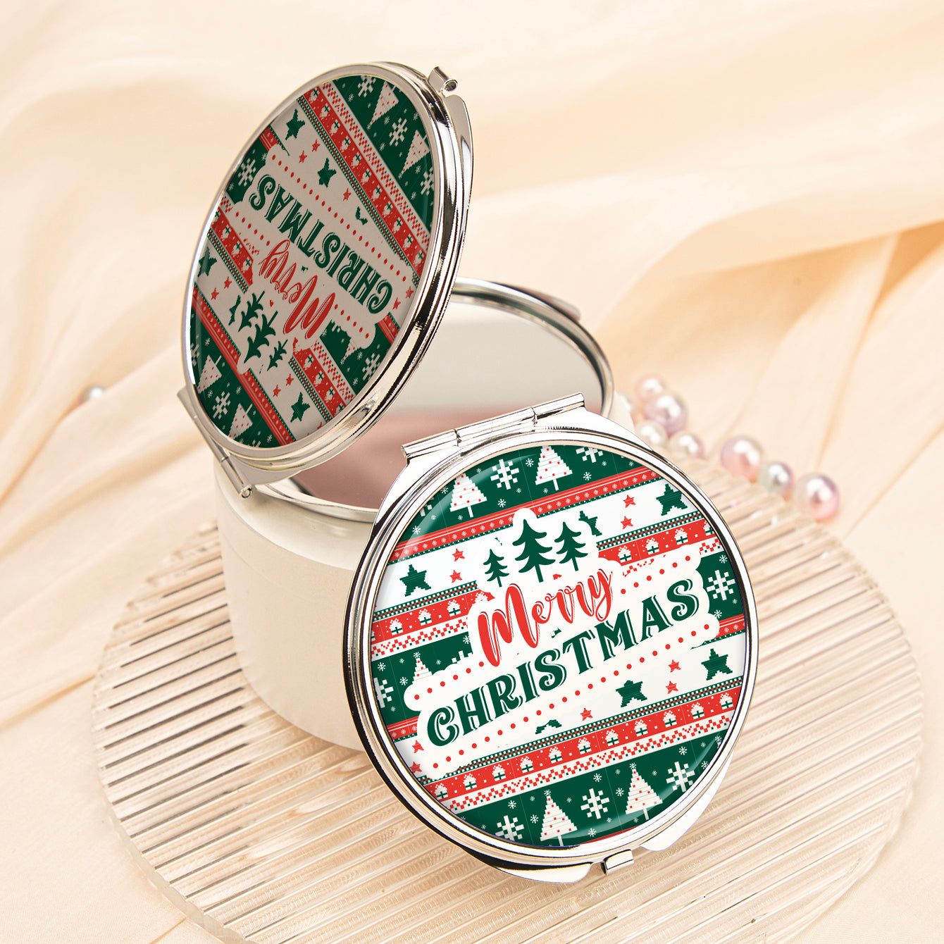 1PC Christmas Present Makeup Mirror 2X Folding Double Side Compact Mirror  Perfect Gift For Christmas For Sisters Daughters Granddaughters Aunts Mothers Grandmothers And Girlfriends Great Quality Compact Size For On The Go Beauty