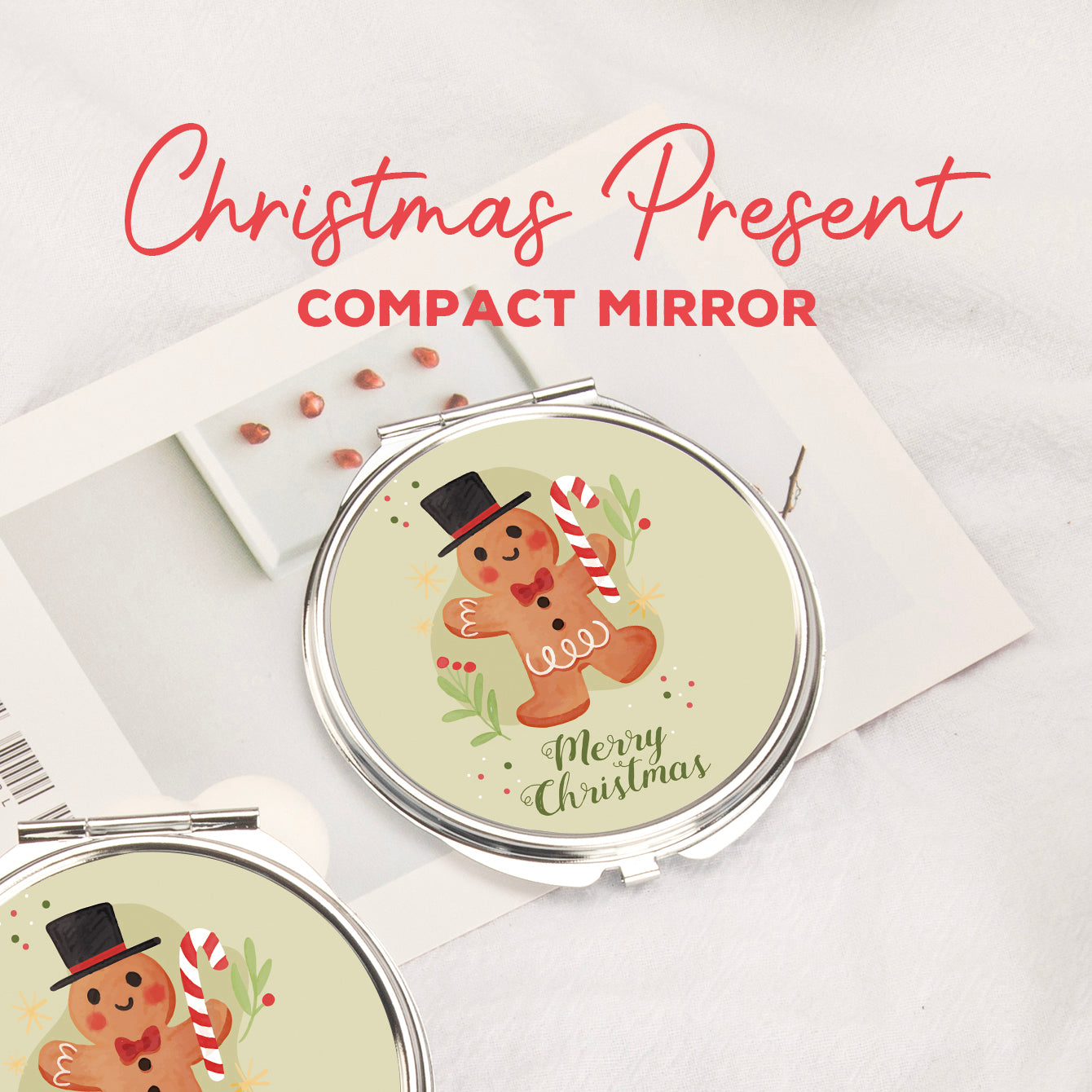 In-Stock Christmas Pattern Epoxy Droplet Craft, 7cm Round Clasp Makeup Mirror, Silver Plated, Perfect for Gifting during the Holiday Season