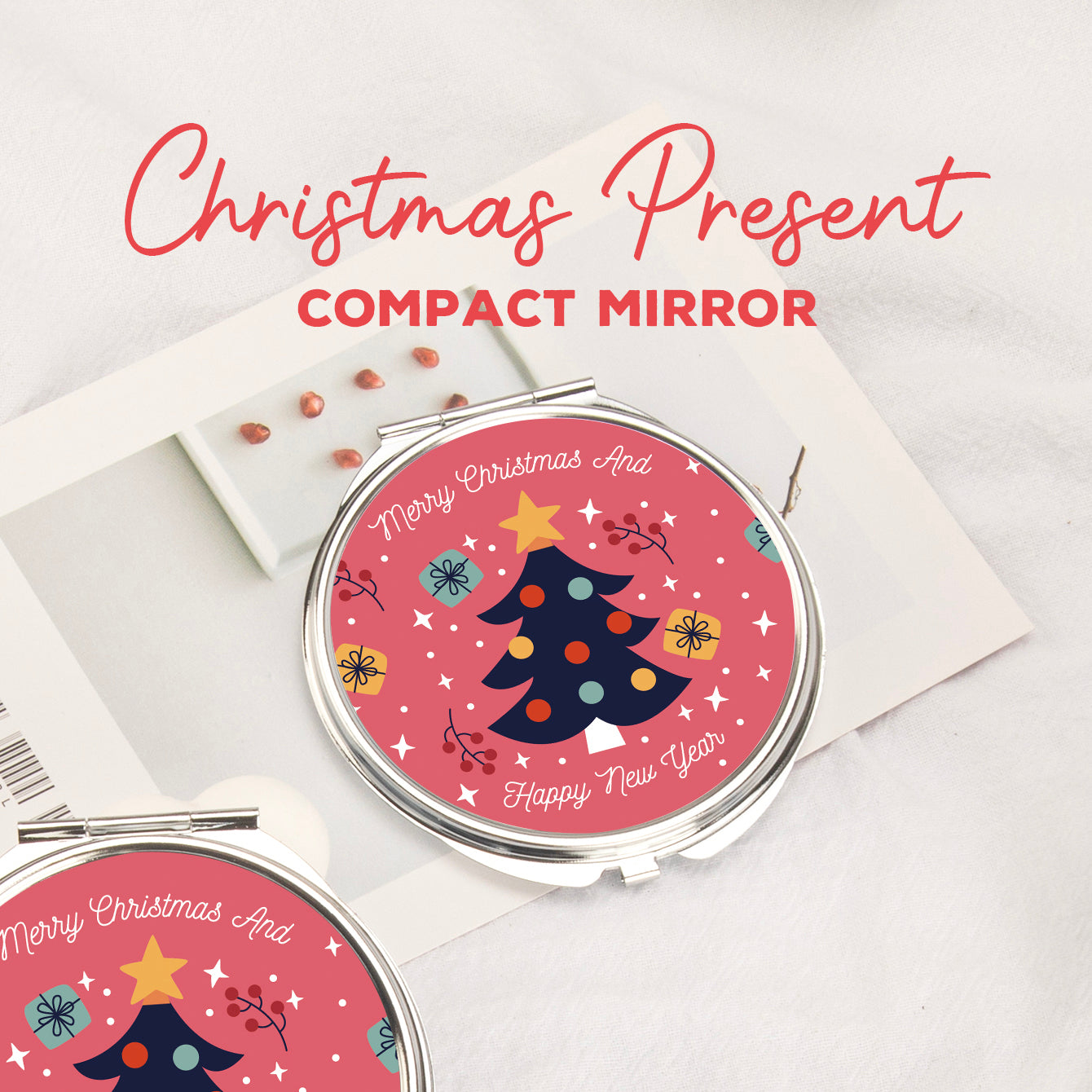 In-Stock Christmas Pattern Epoxy Droplet Craft, 7cm Round Clasp Makeup Mirror, Silver Plated, Perfect for Gifting during the Holiday Season