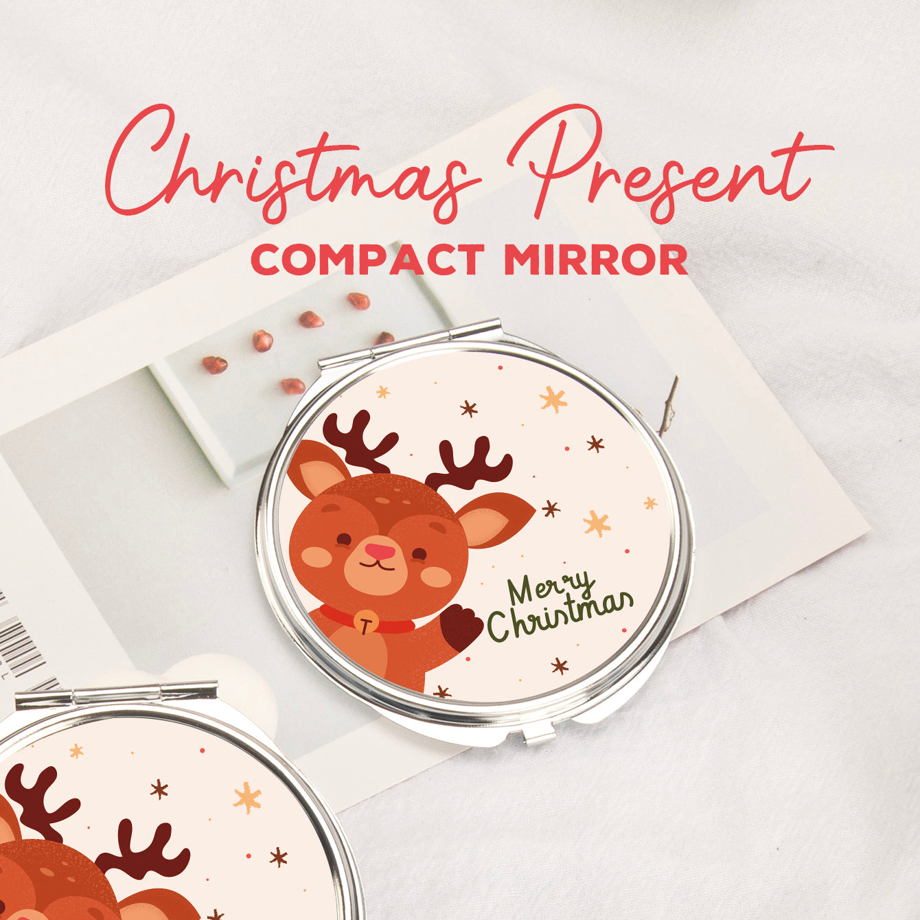 In-Stock Christmas Pattern Epoxy Droplet Craft, 7cm Round Clasp Makeup Mirror, Silver Plated, Perfect for Gifting during the Holiday Season