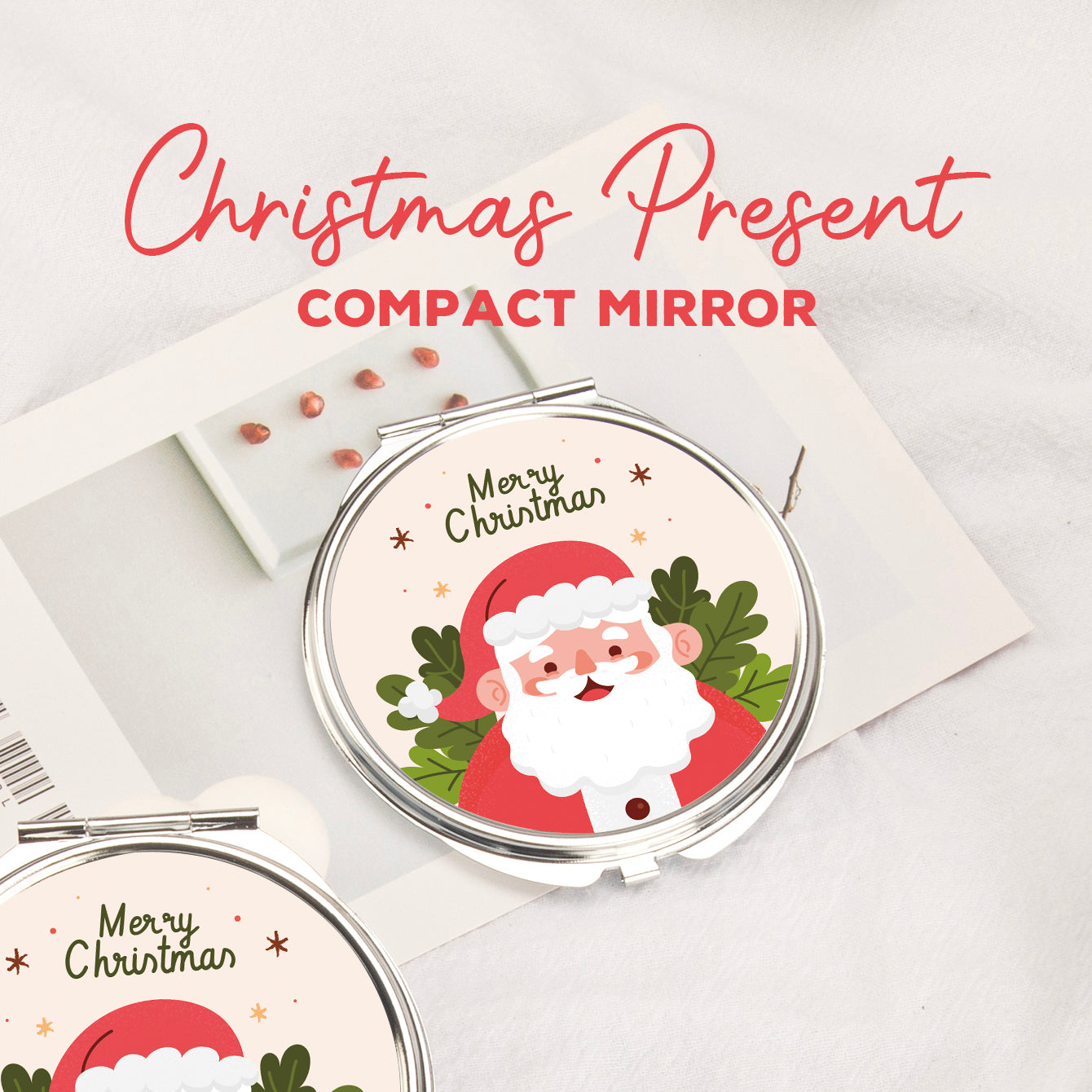 In-Stock Christmas Pattern Epoxy Droplet Craft, 7cm Round Clasp Makeup Mirror, Silver Plated, Perfect for Gifting during the Holiday Season