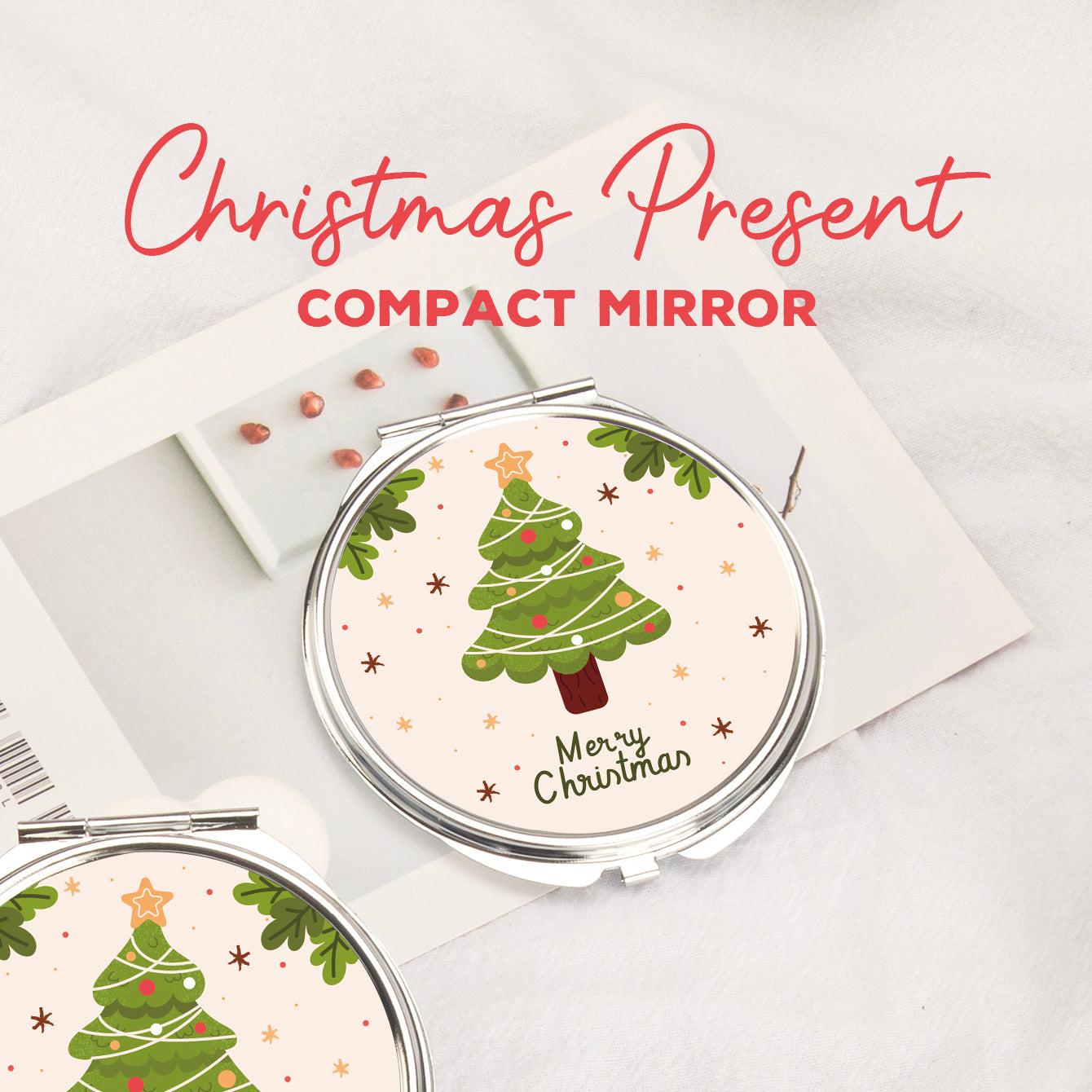 In-Stock Christmas Pattern Epoxy Droplet Craft, 7cm Round Clasp Makeup Mirror, Silver Plated, Perfect for Gifting during the Holiday Season