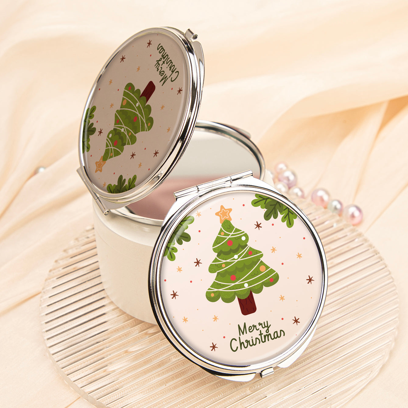 1PC Christmas Present Makeup Mirror 2X Folding Double Side Compact Mirror  Perfect Gift For Christmas For Sisters Daughters Granddaughters Aunts Mothers Grandmothers And Girlfriends Great Quality Compact Size For On The Go Beauty