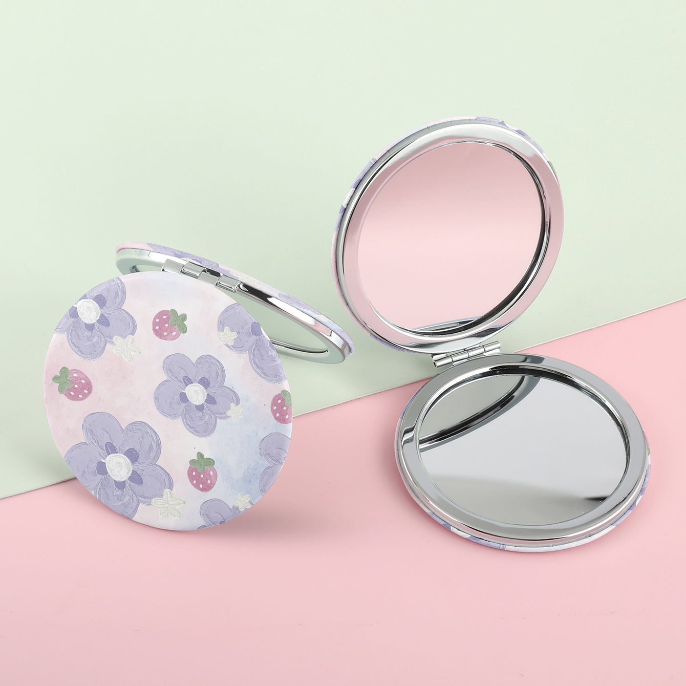 1PC Round PU Leather Makeup Mirror Folding Double Side Compact Mirror 2X Magnification Beautiful Flower Printed Pattern Suitable As Gift For Sister And Mother Or Other Relatives Suitable For Birthdays And Various Festivals And Suitable For All Occasions