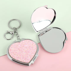 1PC Heart Key Chain Makeup Mirror Folding Double Side Compact Mirror The Pink Loose Powder Is Beautiful And Shiny Very Suitable As A Gift To Important People Like Mother Sister Or Lover At Various Festivals Small And Convenient For Any Occasion