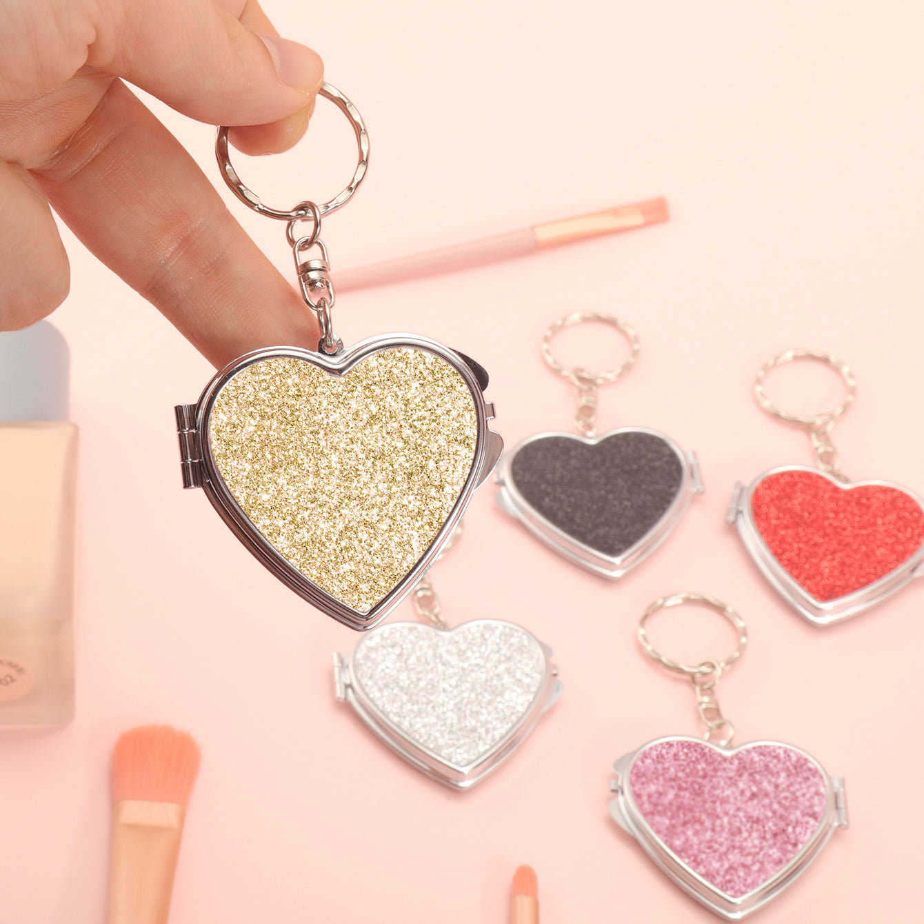 1PC Heart Key Chain Makeup Mirror Folding Double Side Compact Mirror The Colorful Loose Powder Is Beautiful And Shiny Very Suitable As A Gift To Important People Like Mother Sister Or Lover At Various Festivals Small And Convenient For Any Occasion