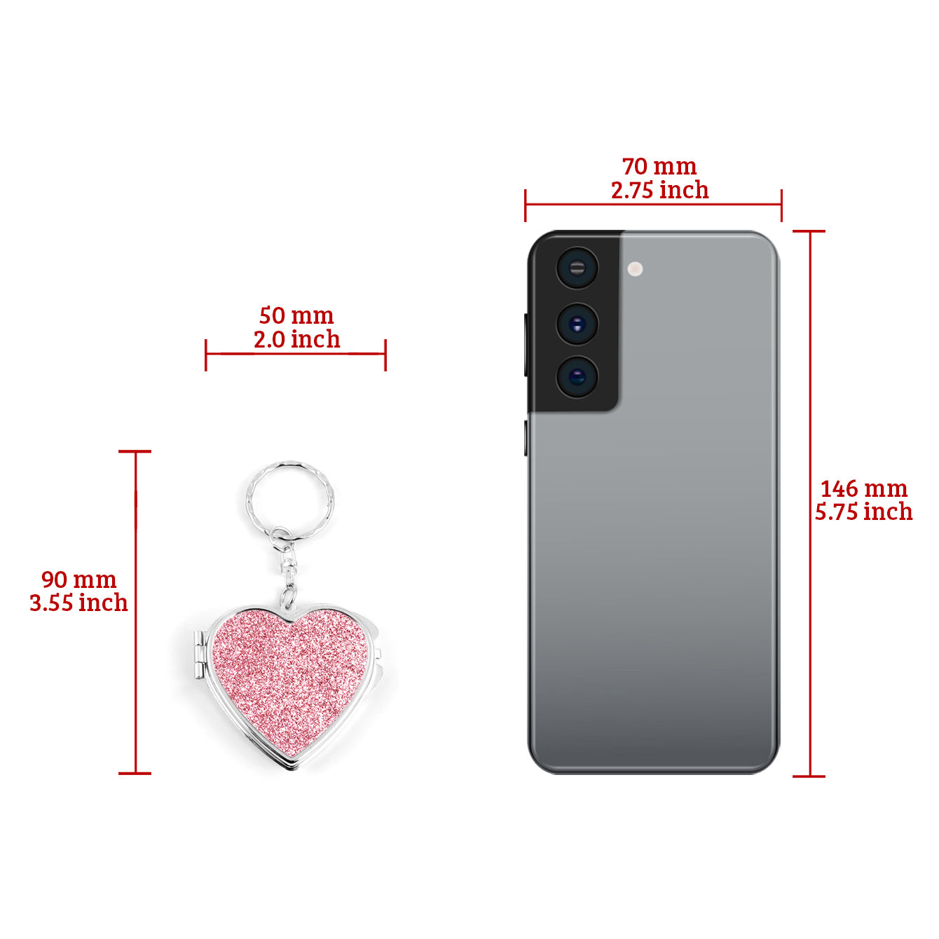 ✨Chic Heart Keychain Mirror: Dual-sided glass, silver electroplating, compact 50mm size. PU glitter leather surface in Black, Gold, Blue, Silver, Pink, Red. Elevate your on-the-go makeup with style!💄🔑