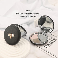 1PC Round Environment-friendly Leather  Folding Double Side Compact Mirror 2X Magnification Beautiful Metal Bee Decoration Can Be Used As A Gift For Mom Sister Or Friend Suitable As A Gift For Various Festivals And Also Suitable For Various Occasions