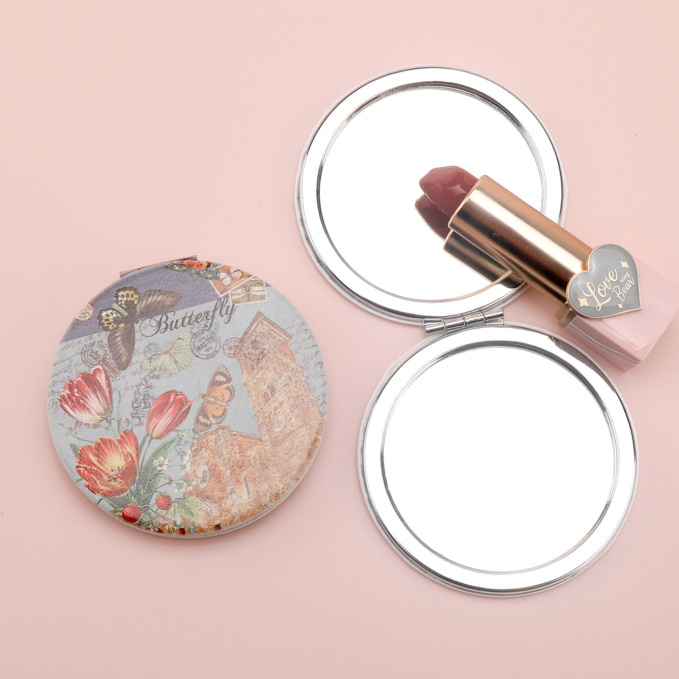 1PC PU Leather Makeup Mirror Folding Round Double Side Compact Mirror 2X Magnification Artistic Pattern Suitable As Gift For Sister And Mother Or Lover Suitable For Birthday And Valentine's Day  And Various Festivals And Also Suitable For All Occasions