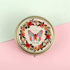 1PC Round Pill Box With Compact Mirror Epoxy Butterfly Pattern Bronze Pill Box Advanced And Beautiful Can Be Used As A Gift Suitable For Going Out  Easy To Carry Various Functions Suitable For Use At Home Or For Traveling