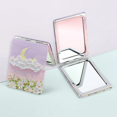 1PC PU Leather Makeup Mirror Folding Rectangle Double Side Compact Mirror 2X Magnification Beautiful And Lovely Pattern Suitable As Gift For Sister And Mother Or Lover Suitable For Various Festivals And Also Suitable For All Occasions