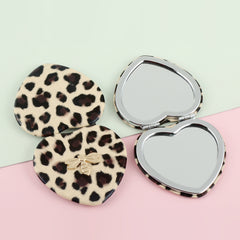 1PC Heart PU Leather Makeup Mirror Leopard Pattern Metal Bee Decoration Folding Double Side Compact Mirror 2X Magnification  Suitable As Gift For Sister And Mother Suitable For Birthdays And Various Festivals And Suitable For All Occasions