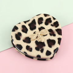 1PC Heart PU Leather Makeup Mirror Leopard Pattern Metal Bee Decoration Folding Double Side Compact Mirror 2X Magnification  Suitable As Gift For Sister And Mother Suitable For Birthdays And Various Festivals And Suitable For All Occasions