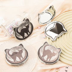 1PC PU Leather Makeup Mirror Folding Cat Head Double Side Compact Mirror 2X Magnification Cut Cat Pattern Suitable As Gift For Sister And Mother Or Lover Suitable For Birthday And Valentine's Day  And Various Festivals And Also Suitable For All Occasions