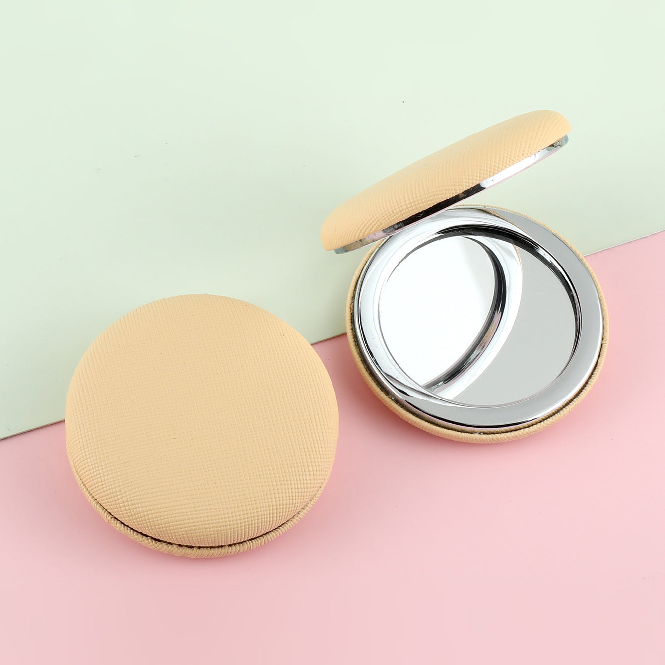 Dreamy Macaron Magic: INS Style 70mm Round Dual-Sided Portable Makeup Mirror, Eco-Friendly Leather Wrap, Metal Frame, Ideal for Weddings and Various Holiday Gifts, In-stock in Pink and Beige, 2x Magnification