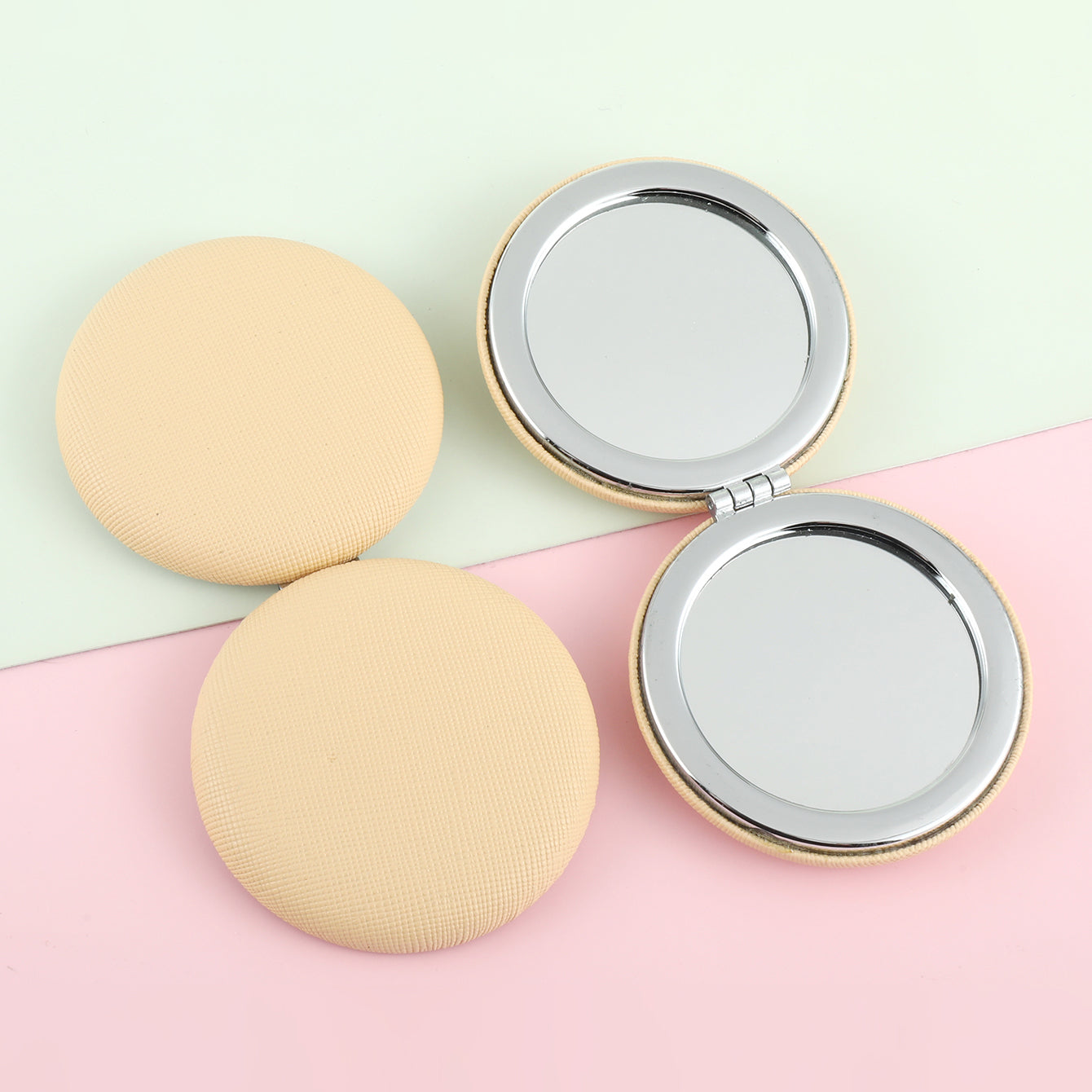 Dreamy Macaron Magic: INS Style 70mm Round Dual-Sided Portable Makeup Mirror, Eco-Friendly Leather Wrap, Metal Frame, Ideal for Weddings and Various Holiday Gifts, In-stock in Pink and Beige, 2x Magnification