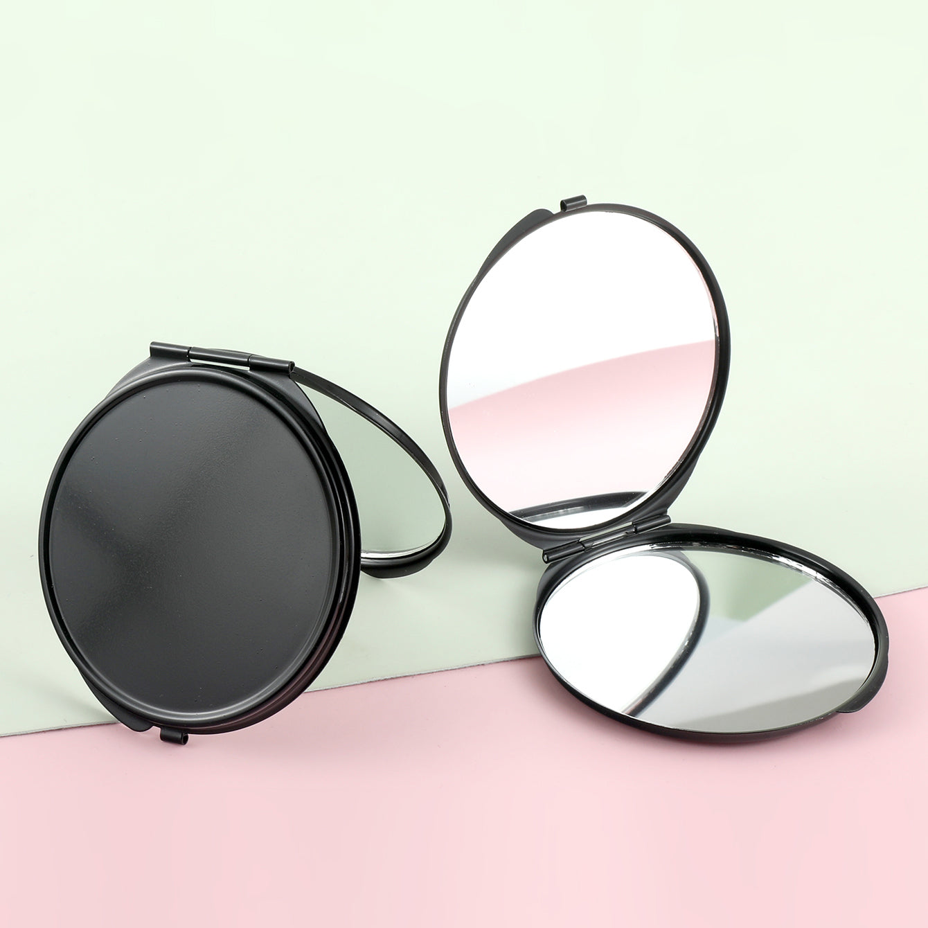 ✨ Portable Elegance! 70mm Round Double-Sided Makeup Mirror, Black Electroplating, Metal Frame, Macaron Design, Ideal for DIY, Glass Lens. 🌈