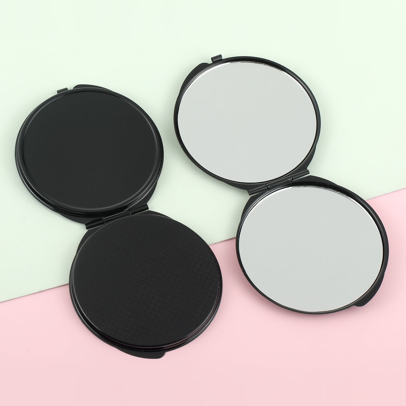 ✨ Portable Elegance! 70mm Round Double-Sided Makeup Mirror, Black Electroplating, Metal Frame, Macaron Design, Ideal for DIY, Glass Lens. 🌈