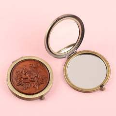 Pocket-sized Beauty Marvel ✨ 70mm Round Dual-sided Makeup Mirror – Antique Green Bronze Finish, Metal Frame, Solid Wood Carvings, Glass Lenses, 2X Magnification. Unveil Your Beauty in Style