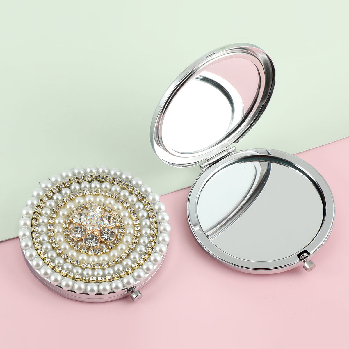 1 PC Metal Frame Double-Sided Makeup Mirror With Button Switch And Crystal Decor Elegant Design For Precision Makeup Sturdy Iron Construction Ideal Gift For Mother Daughter Sister Girlfriend Perfect For Home Office Travel And More