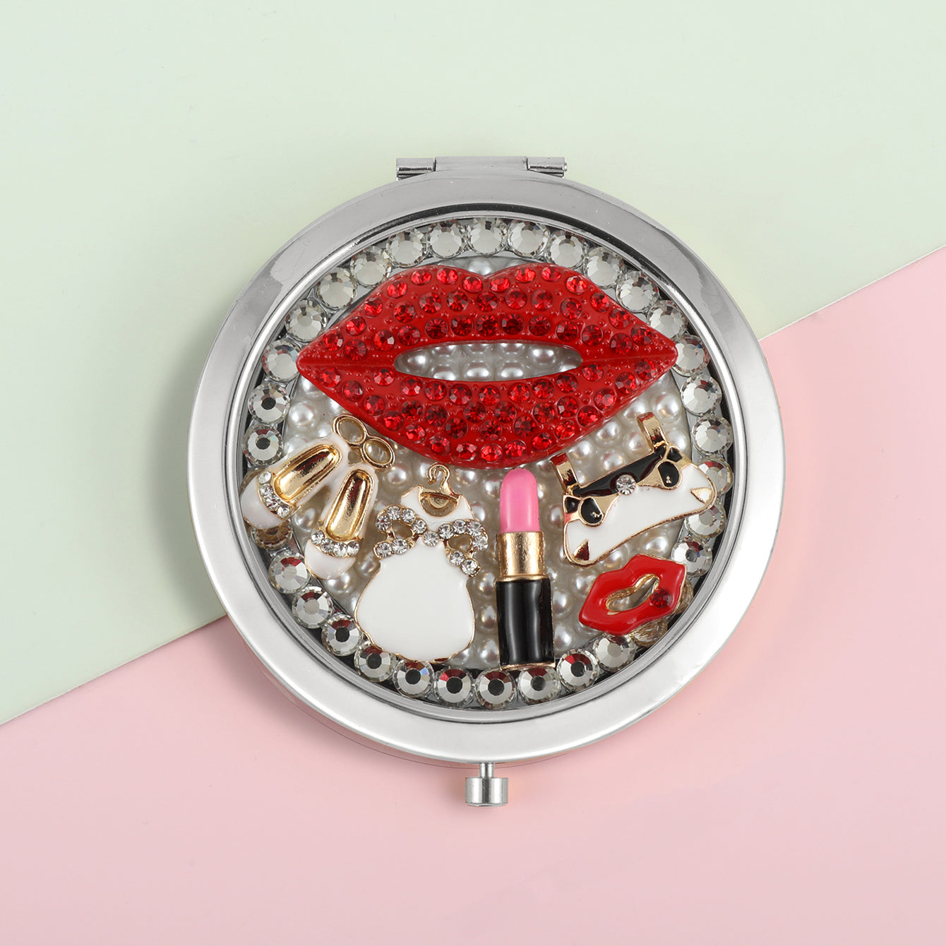 1 PC Metal Frame Double-Sided Makeup Mirror With Button Switch And Crystal Decor Elegant Design For Precision Makeup Sturdy Iron Construction Ideal Gift For Mother Daughter Sister Girlfriend Perfect For Home Office Travel And More