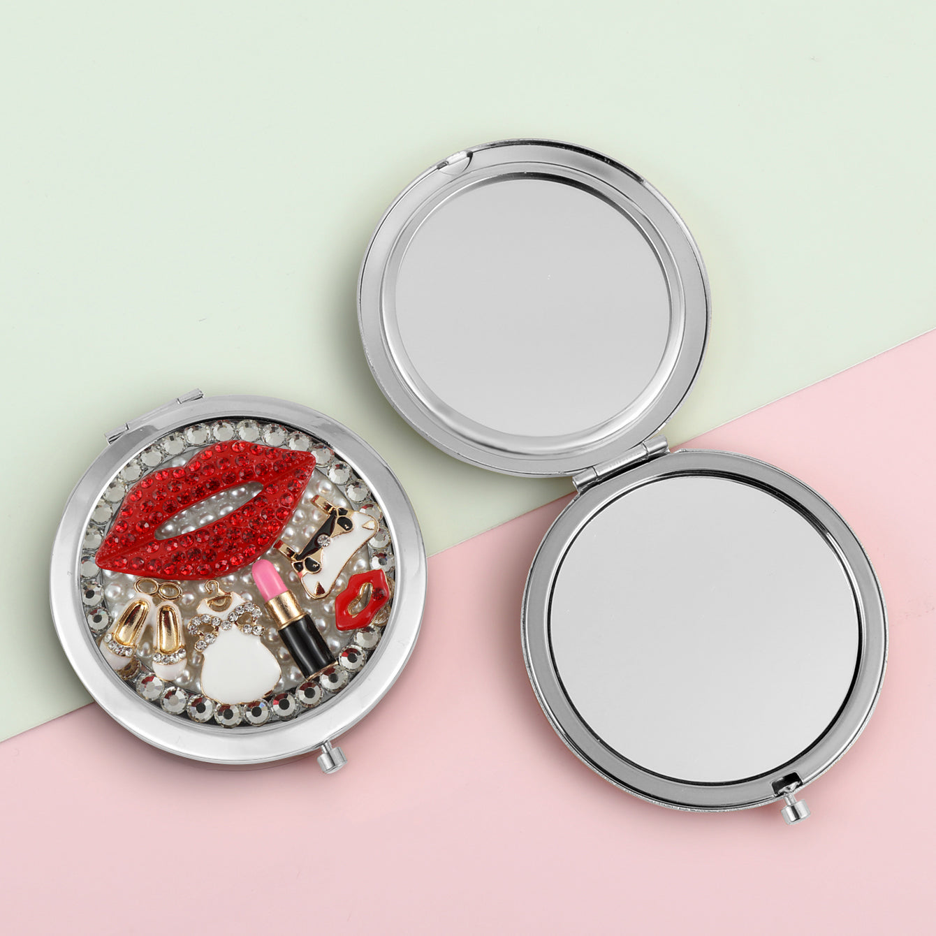 1 PC Metal Frame Double-Sided Makeup Mirror With Button Switch And Crystal Decor Elegant Design For Precision Makeup Sturdy Iron Construction Ideal Gift For Mother Daughter Sister Girlfriend Perfect For Home Office Travel And More