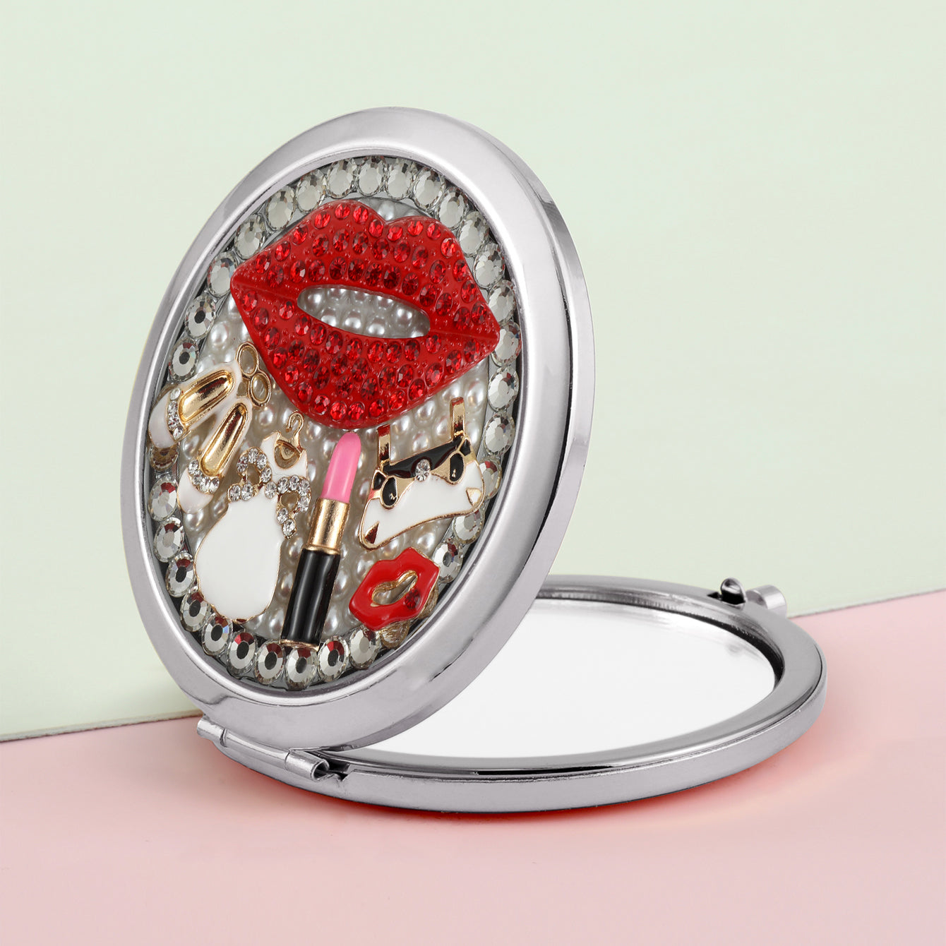 1 PC Metal Frame Double-Sided Makeup Mirror With Button Switch And Crystal Decor Elegant Design For Precision Makeup Sturdy Iron Construction Ideal Gift For Mother Daughter Sister Girlfriend Perfect For Home Office Travel And More