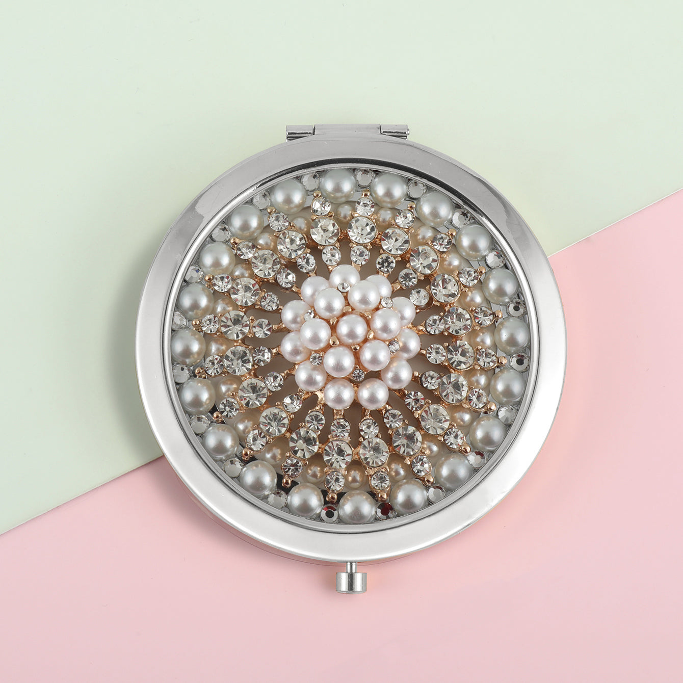 1 PC Metal Frame Double-Sided Makeup Mirror With Button Switch And Crystal Decor Elegant Design For Precision Makeup Sturdy Iron Construction Ideal Gift For Mother Daughter Sister Girlfriend Perfect For Home Office Travel And More