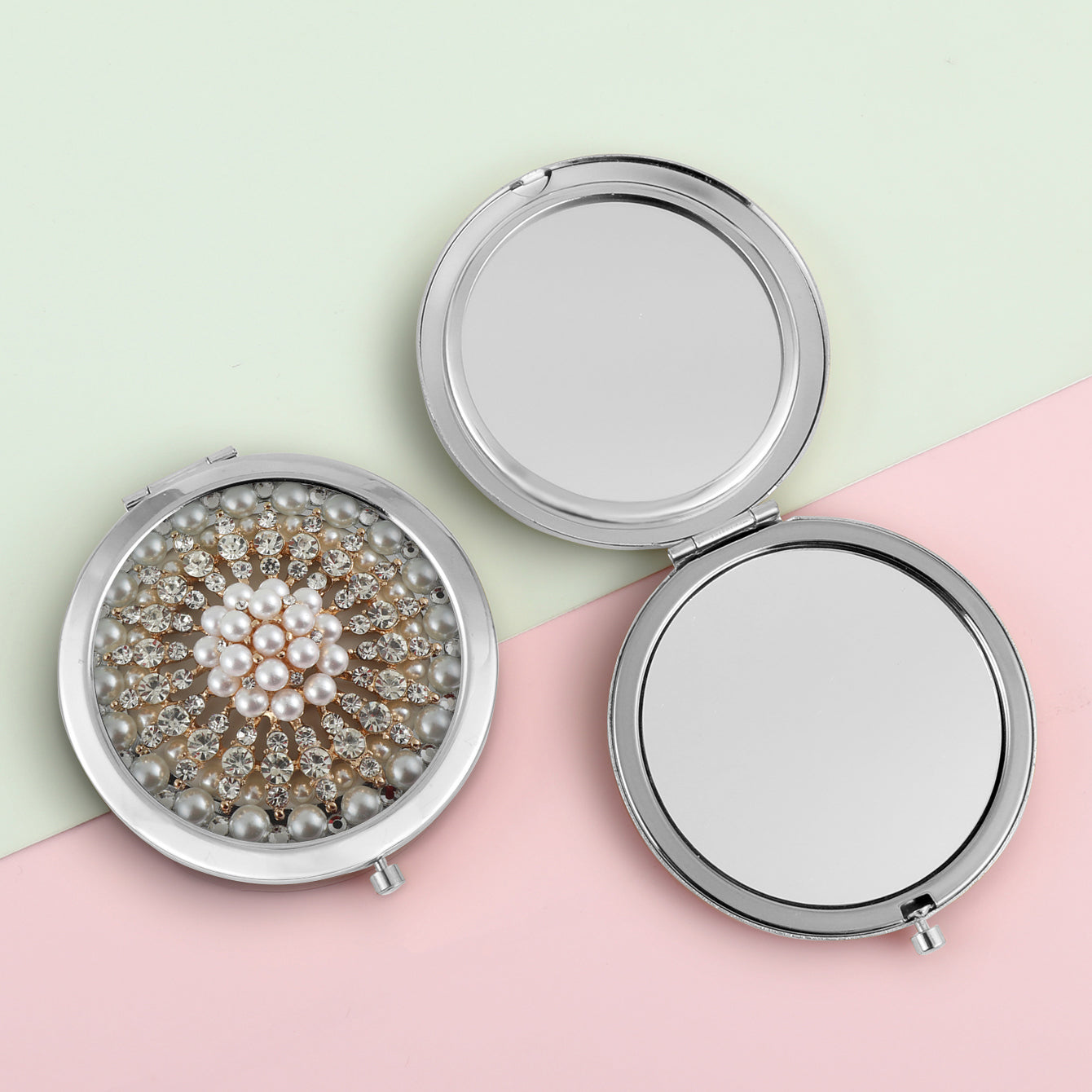 1 PC Metal Frame Double-Sided Makeup Mirror With Button Switch And Crystal Decor Elegant Design For Precision Makeup Sturdy Iron Construction Ideal Gift For Mother Daughter Sister Girlfriend Perfect For Home Office Travel And More